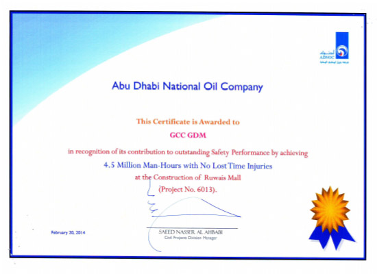 4.5 Million Man-Hours Without LTI Achievement Certificate