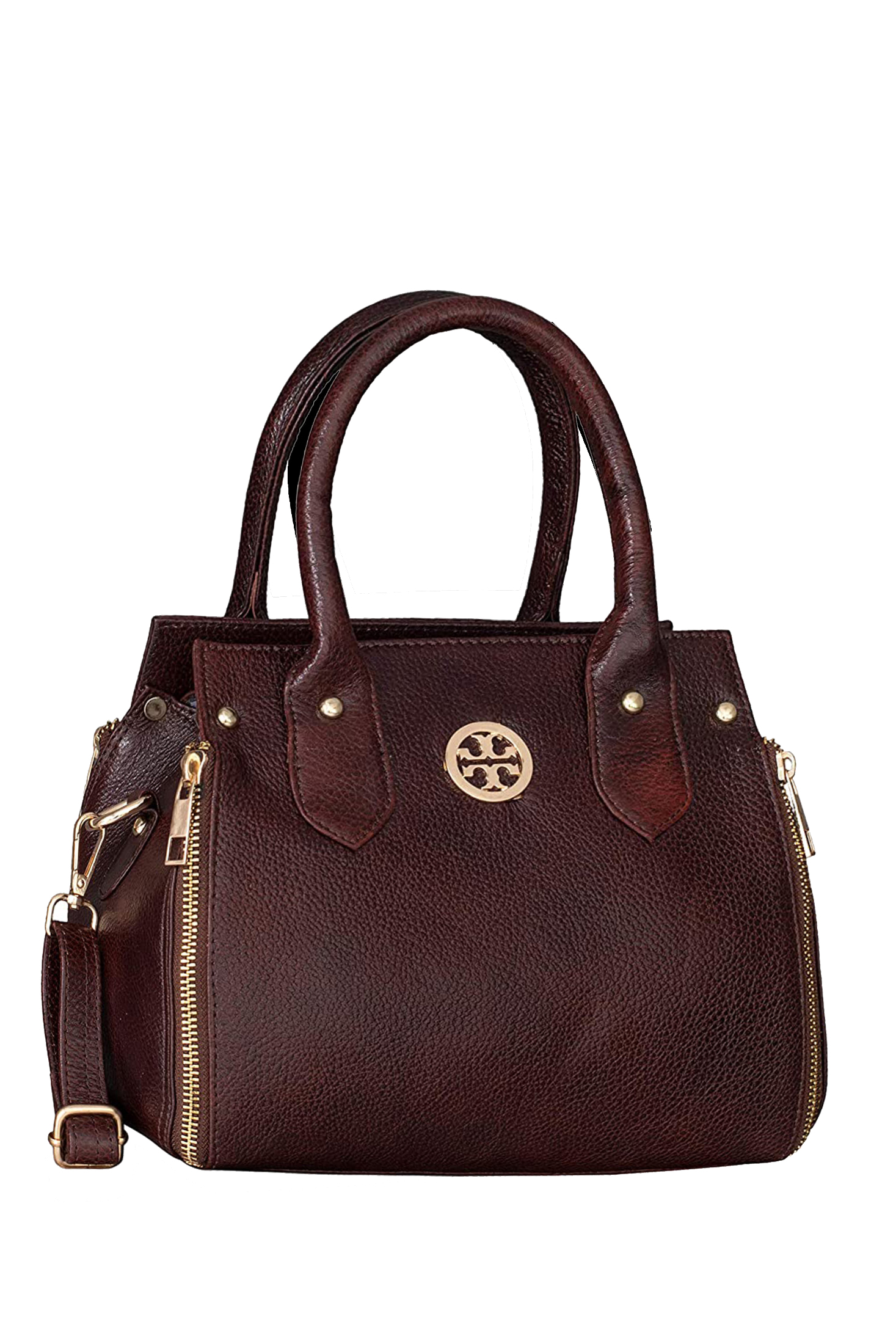 Zeenin Genuine Leather Designer Handbag Shoulder Tote Purse Satchel Sling Messenger Crossbody Bag for Women & Girls With Top Handle | Golden Metal Zipper | Medium Size | Brown