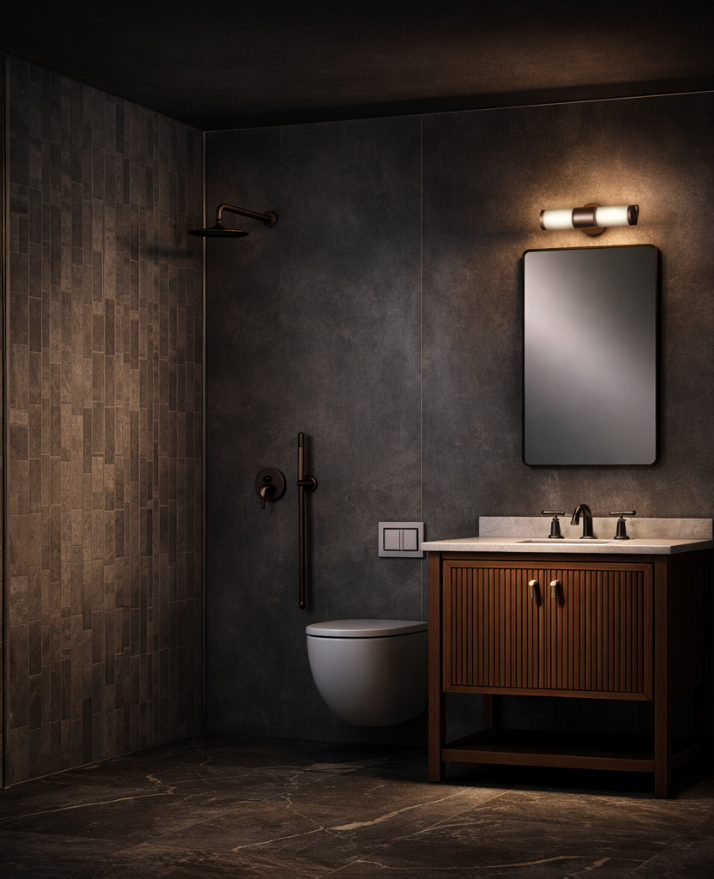 Dark spa-like bathroom with fluted wood vanity and warm sconce light