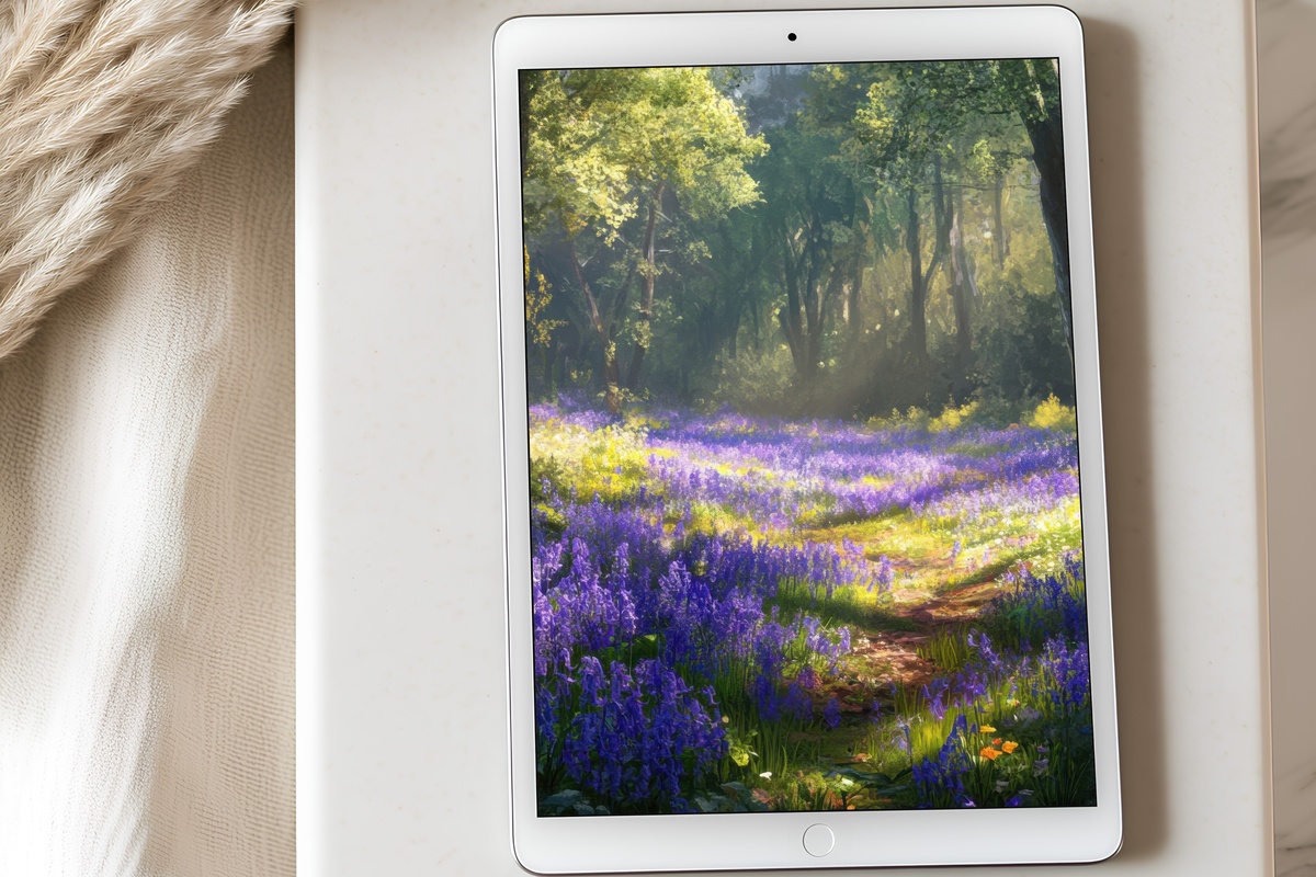 Woodland Bluebells in Tranquil Bloom iPad Wallpaper - vintage blue floral digital background
