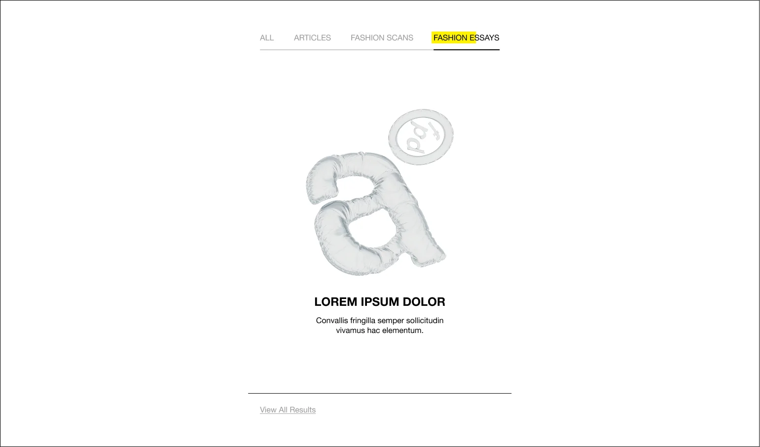 Archive PDF website fashion essays section showing the 3D inflated logo mark above an article card with category navigation tabs