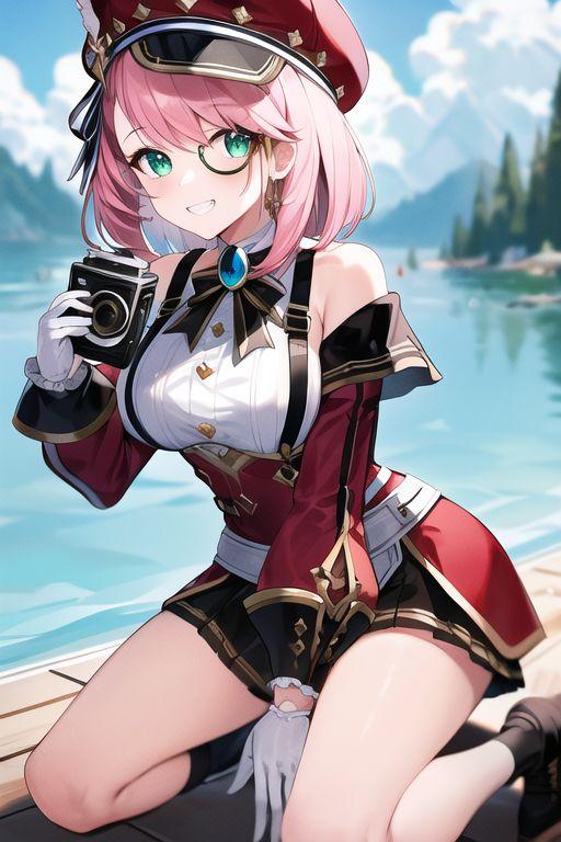 シャルロット by Kite with Charlotte (Genshin Impact), Genshin Impact, Charlotte, Peach hair & green eyes, captivating breasts