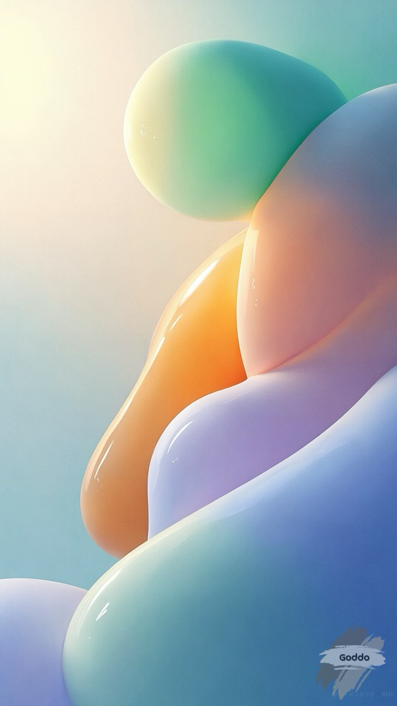 The image features a composition of abstract, overlapping shapes that appear like translucent blobs in various hues, primarily soft blues, greens, oranges, and hints of lavender. The background is a gentle gradient from light blue to pale white, enhancing the luminous quality of the shapes. The blobs, with their smooth and glossy textures, create a sense of depth and fluidity, as if they are in motion or floating. The interplay of colors is calming and soothing, with light reflecting and refracting across their surfaces, producing a delicate play of highlights and shadows. Overall, the image conveys a sense of serenity and tranquility, evoking feelings of fluidity and lightness.