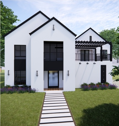 Modern farmhouse front elevation — single-family residential design by Beatriz Tercero, Arch Design by B