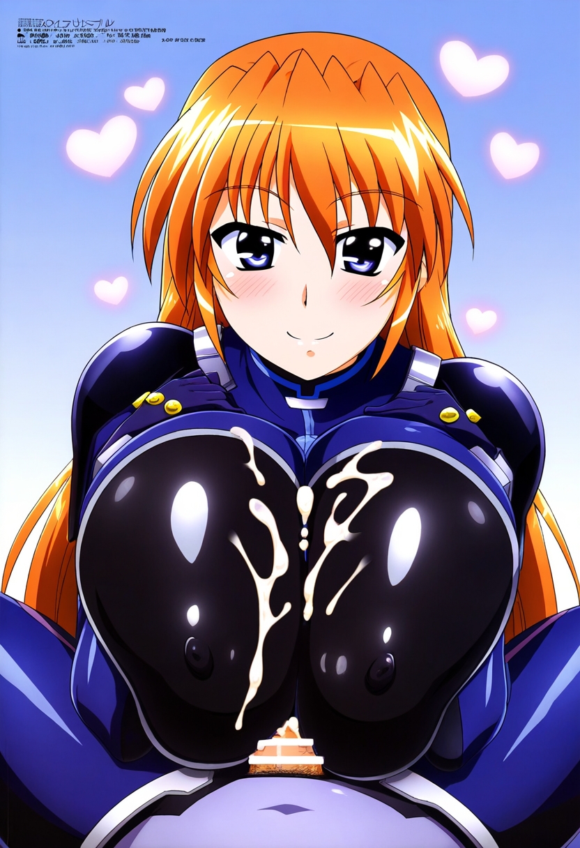 ティアナズリ by ななな with ai art, Mahou Shoujo Lyrical Nanoha StrikerS, Teana Lanster, huge breasts, tight bodysuit, paizuri, clothed paizuri