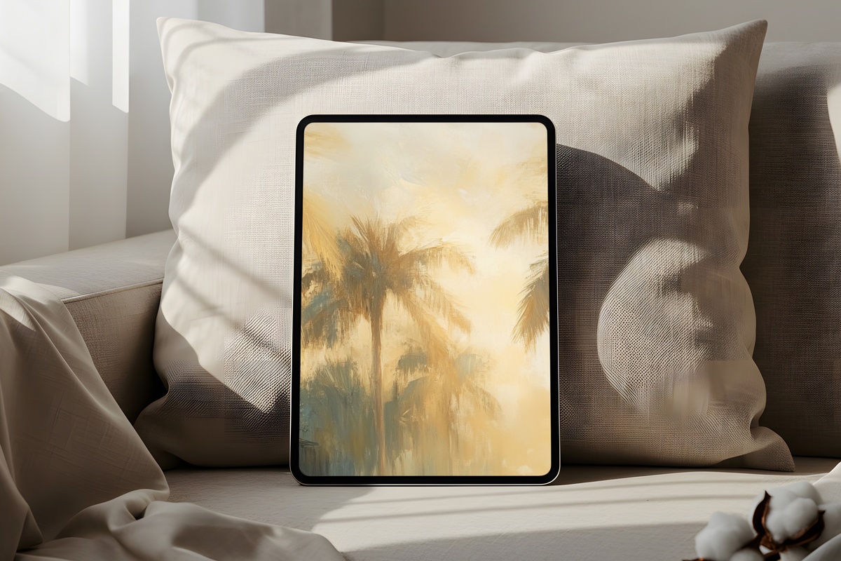 Emerald Dreams of Palm Summer iPad Wallpaper with deep emerald and ochre tones