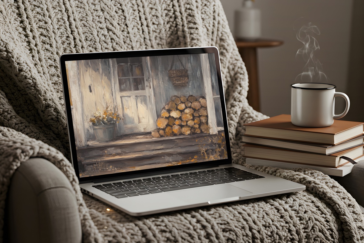 Firewood-Strewn Farmhouse Porch Desktop Wallpaper
