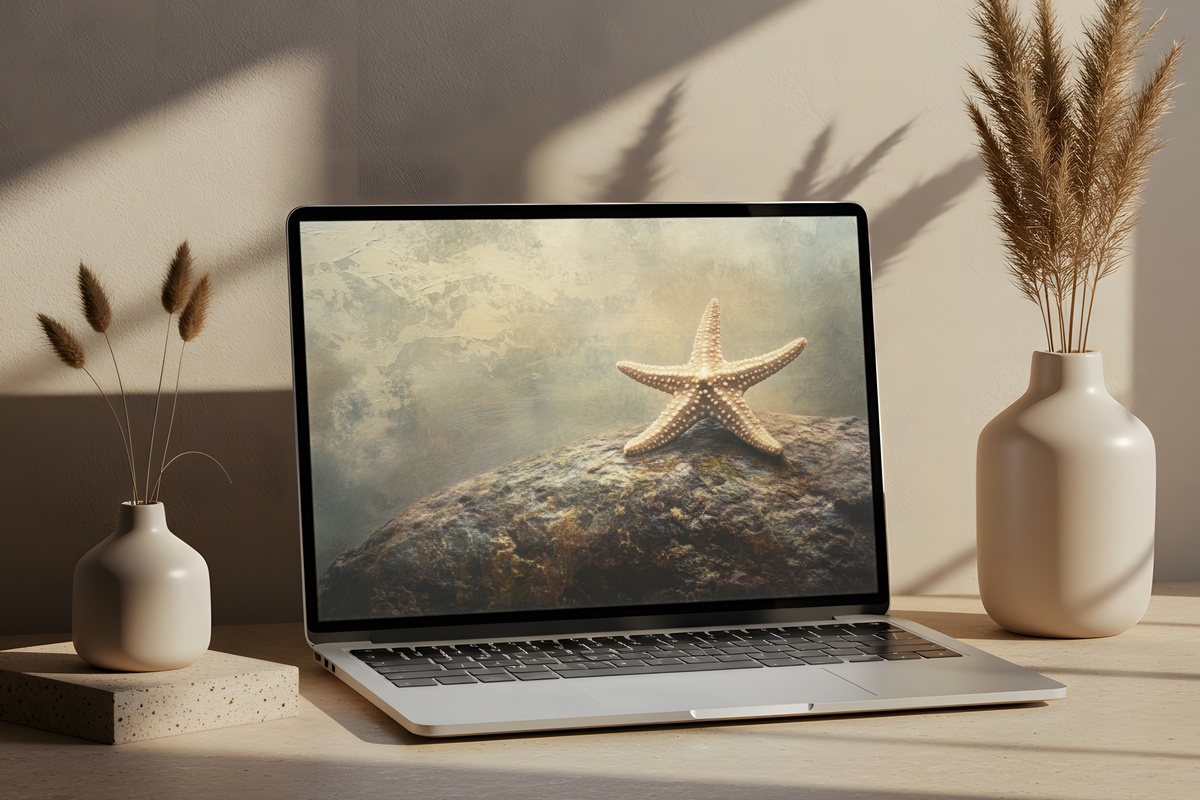 Starfish on Textured Stones Coastal Desktop Wallpaper — impressionist starfish resting on coastal rock textures