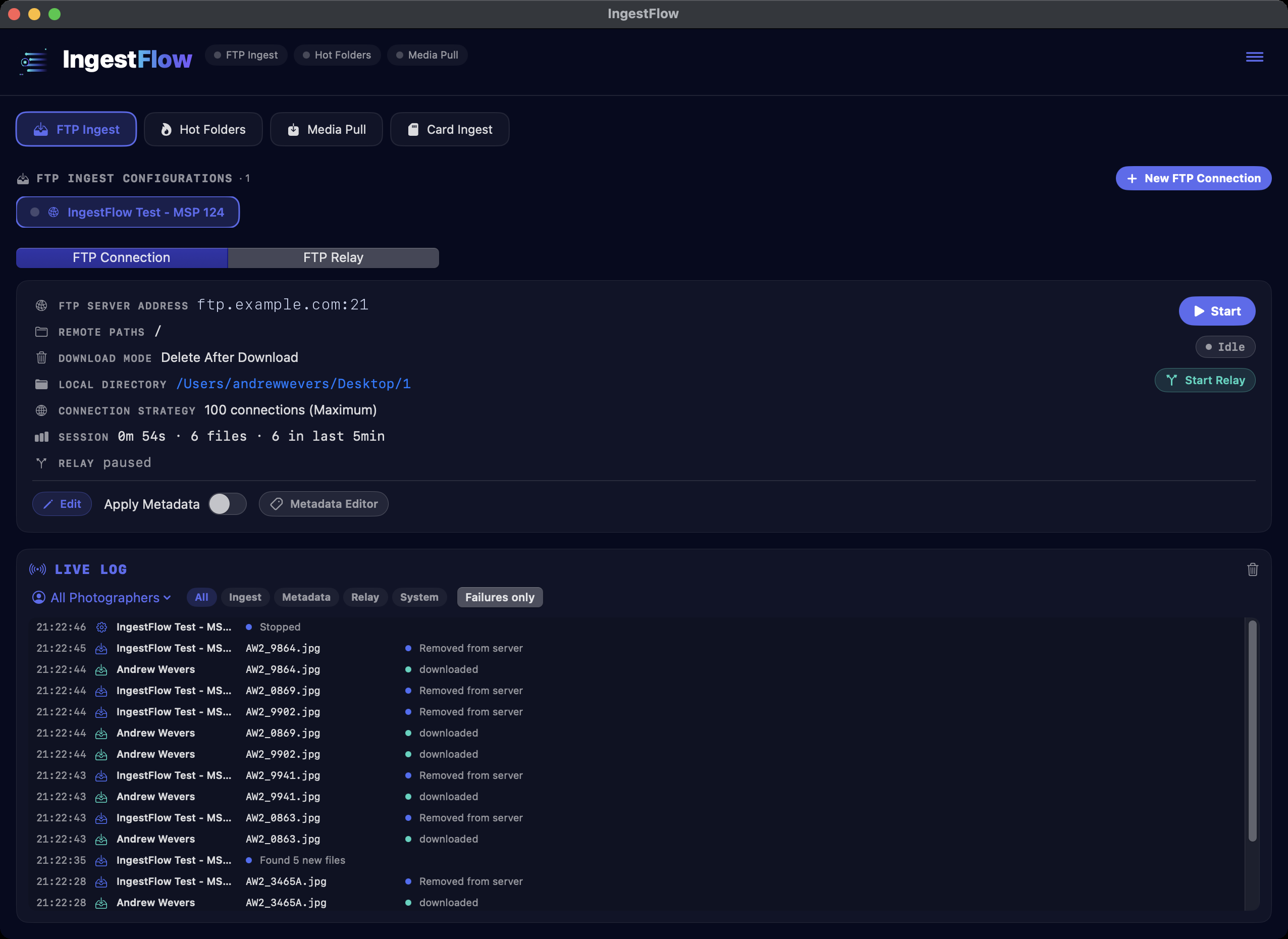 IngestFlow dashboard - folder watch and destination picker
