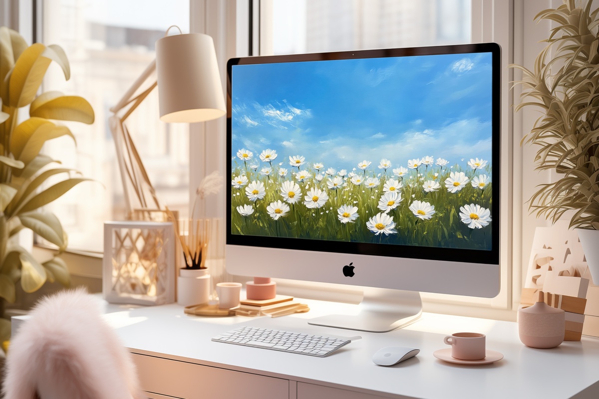 Blue Sky Daisies in Motion floral PC wallpaper with daisies under open blue sky