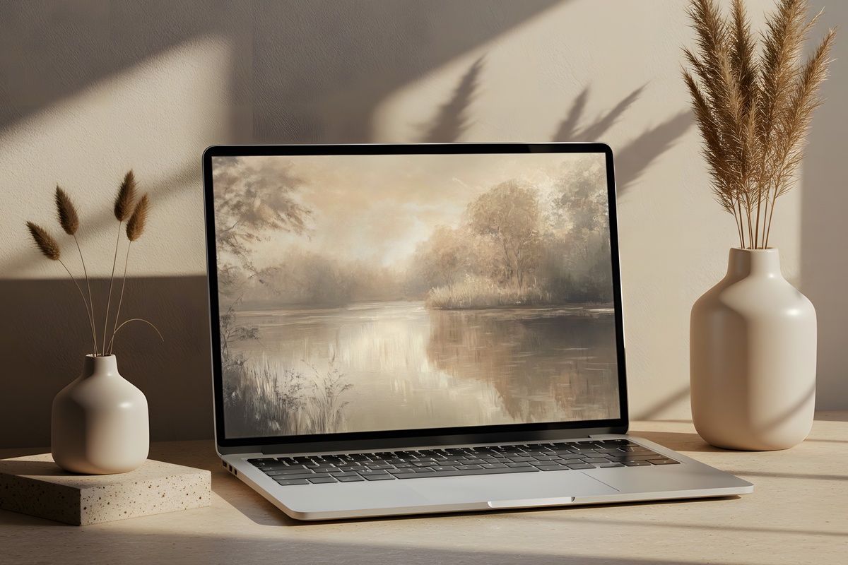 Golden River Reflection landscape laptop wallpaper with warm amber tones