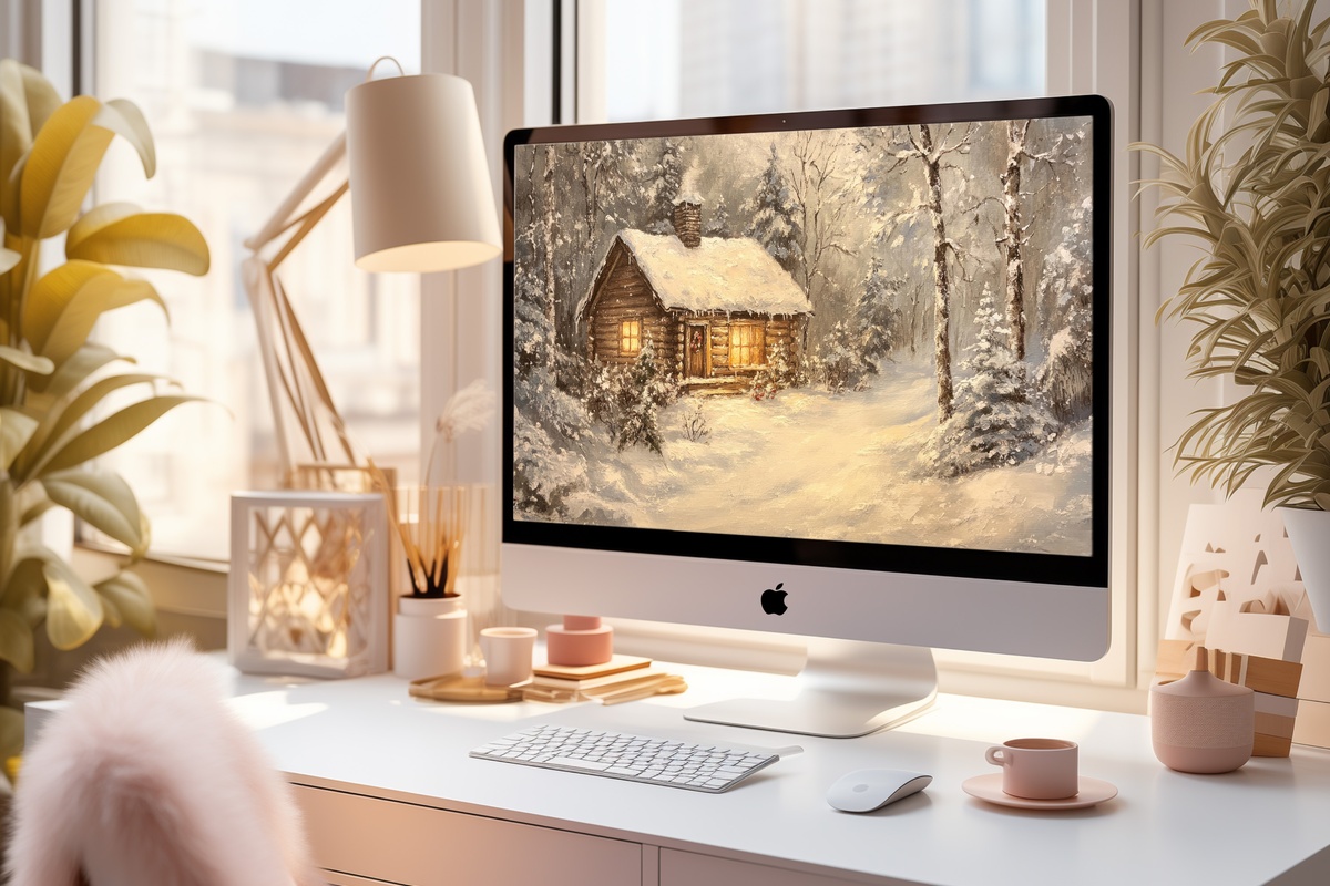 Serene Snowy Cabin Christmas Desktop Wallpaper