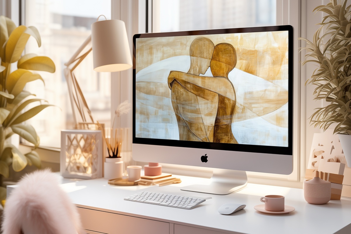 Minimalist Human Harmony minimalist desktop wallpaper with simplified human forms in embrace
