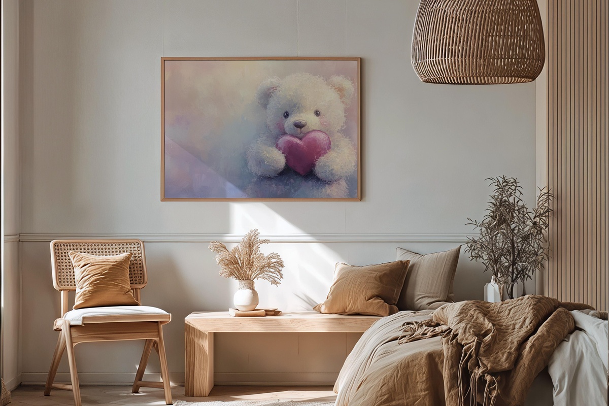 Teddy's Cozy Heartfelt Hug nursery printable wall art with fluffy teddy bear