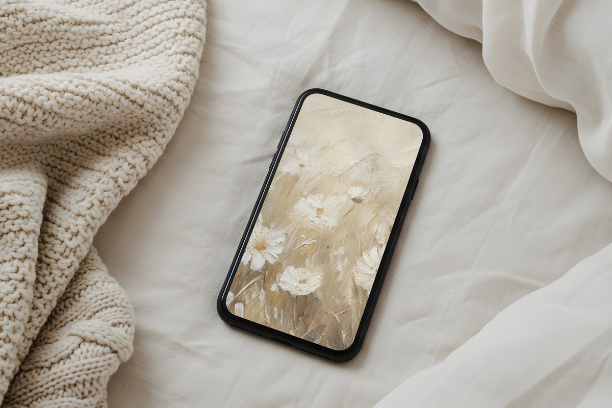Whispering Daisies Waltz Vintage iPhone Wallpaper in muted taupe floral tones