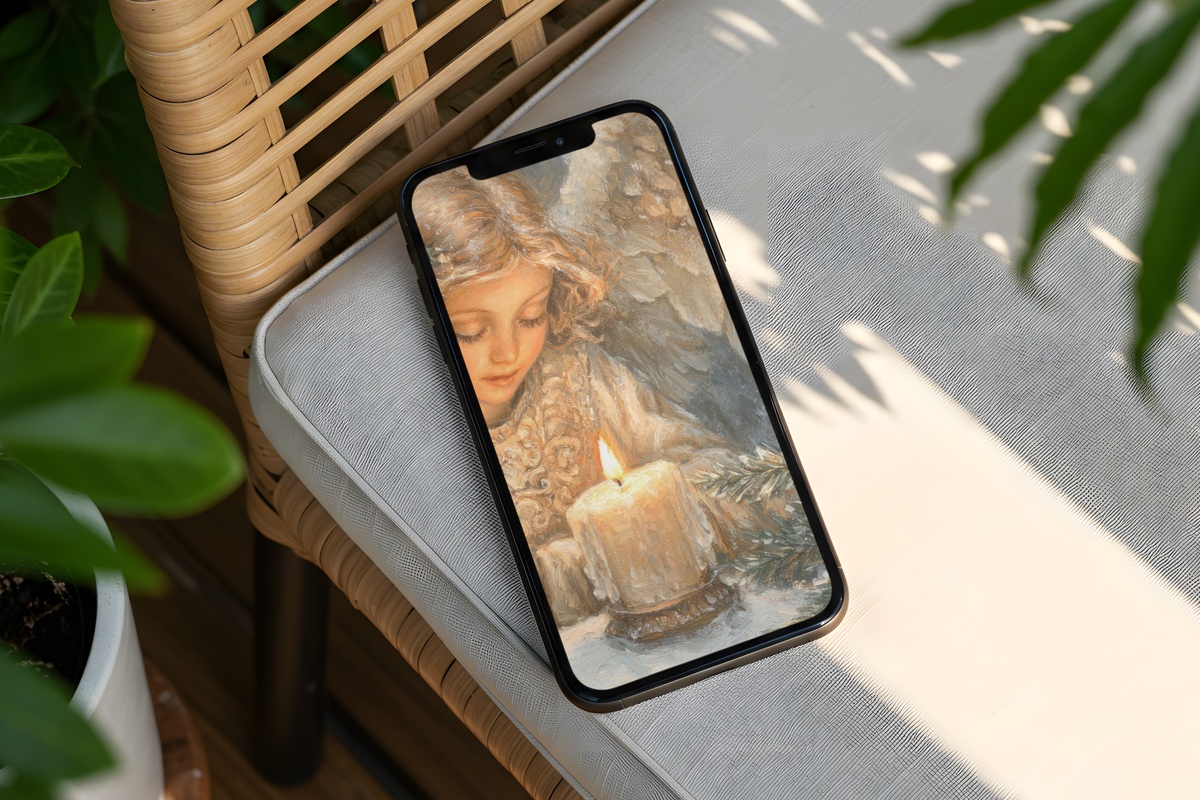 Candlelit Angel in Serenity beige and gold Christmas coquette aesthetic iPhone wallpaper