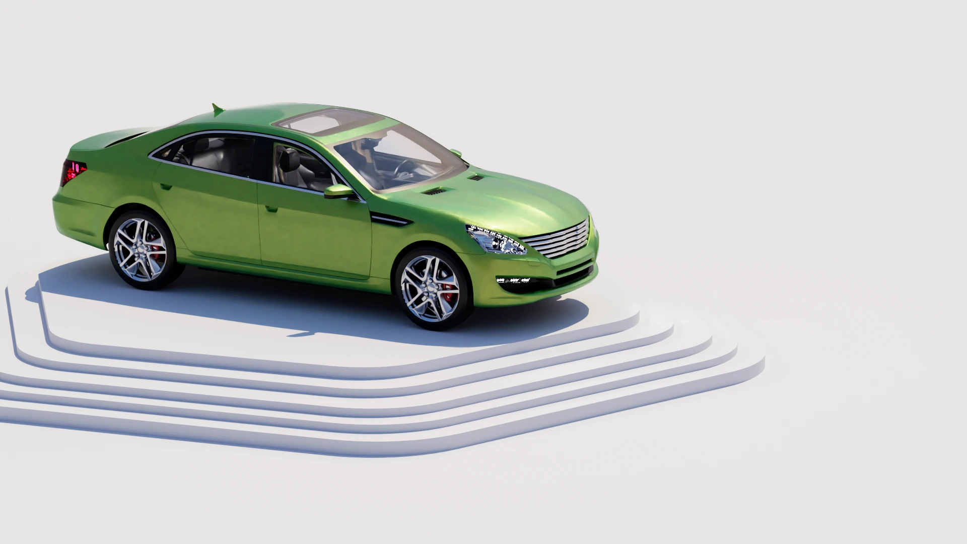 3D rendered green sedan on a clean white platform with layered curved lines representing the design and planning stage of the PTC digital transformation automotive PLM journey