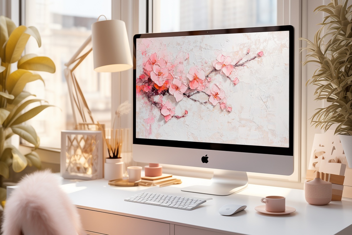 Whispering Cherry Blossoms Spring Desktop Wallpaper — impressionist floral PC wallpaper