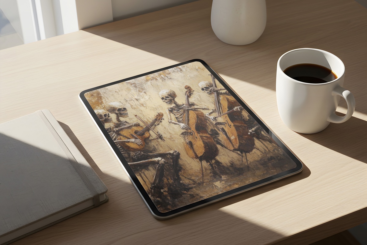 Musical Skeleton Serenade Halloween iPad Wallpaper with warm ochre tones and skeleton musician