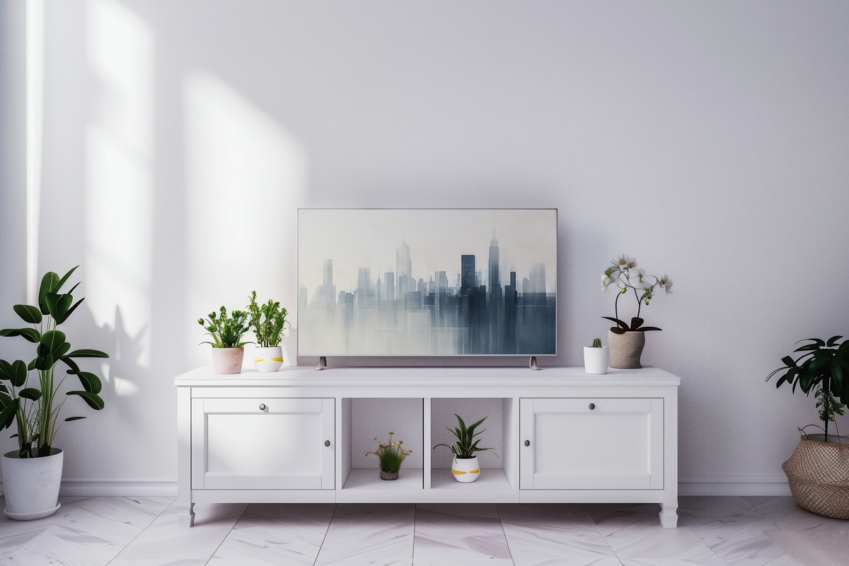 Serene Urban Silhouette Frame TV Art - a minimal city skyline in muted tones rendered as a tranquil silhouette