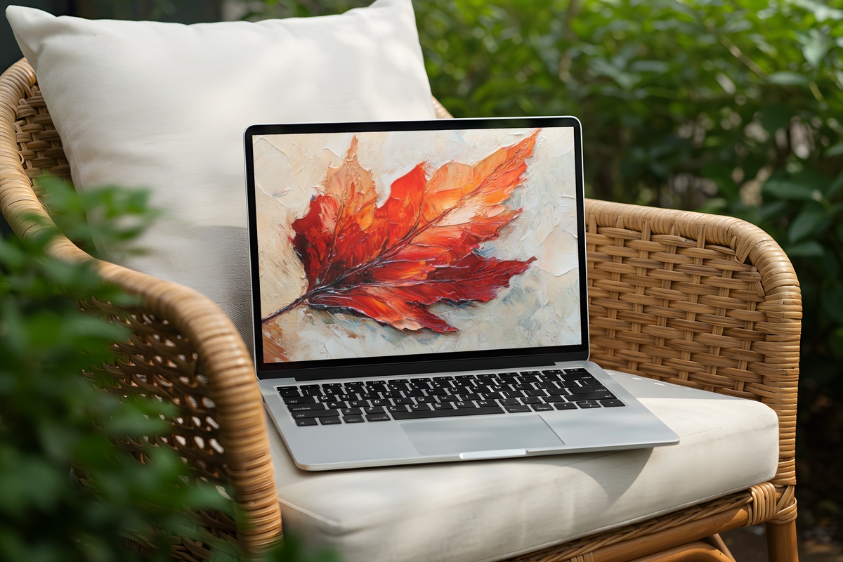 Close-Up Leaf Whispers fall desktop wallpaper with impressionist autumn leaf in saturated golden tones