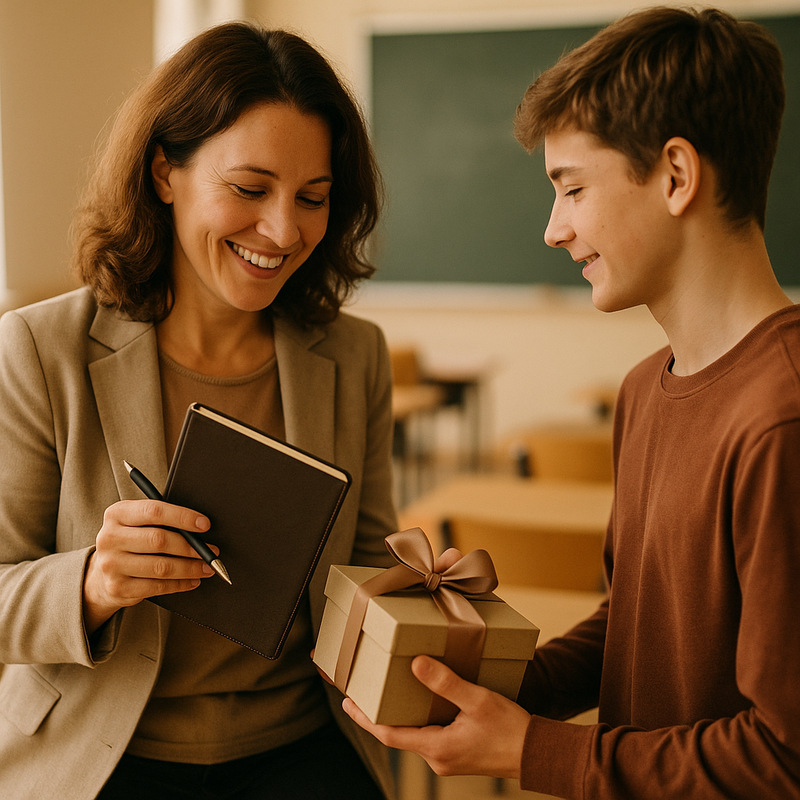 Insegnante di matematica riceve e apre un regalo in classe con espressione felice