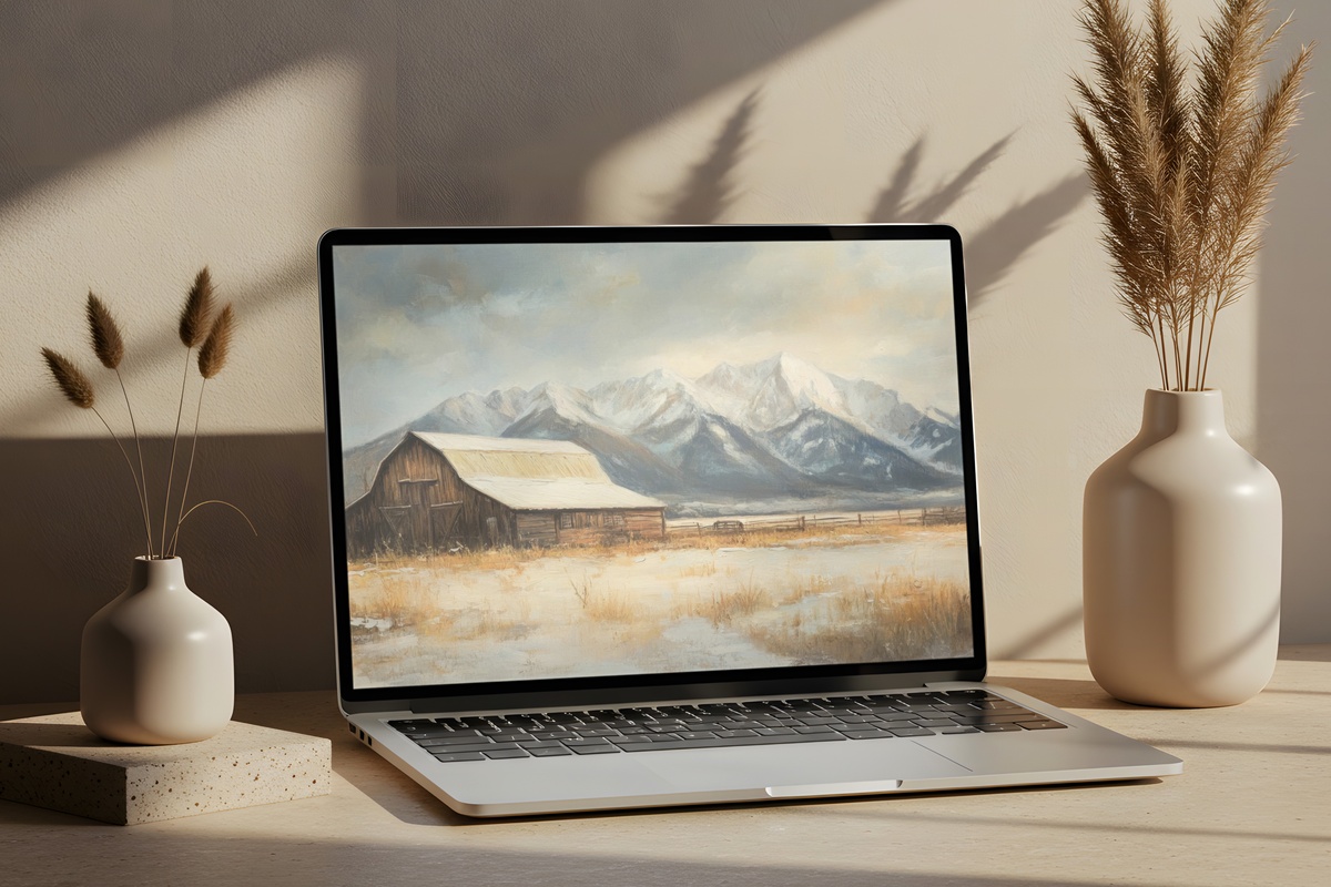 Snowy Barnscape Tranquility Farmhouse Desktop Wallpaper