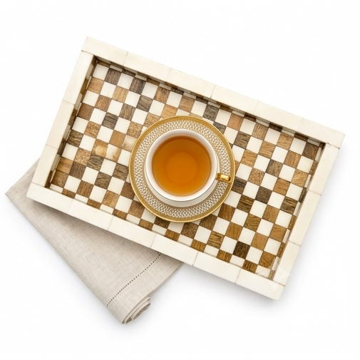 Handcrafted Mosaic Wooden Serving Tray with Ivory Inlay