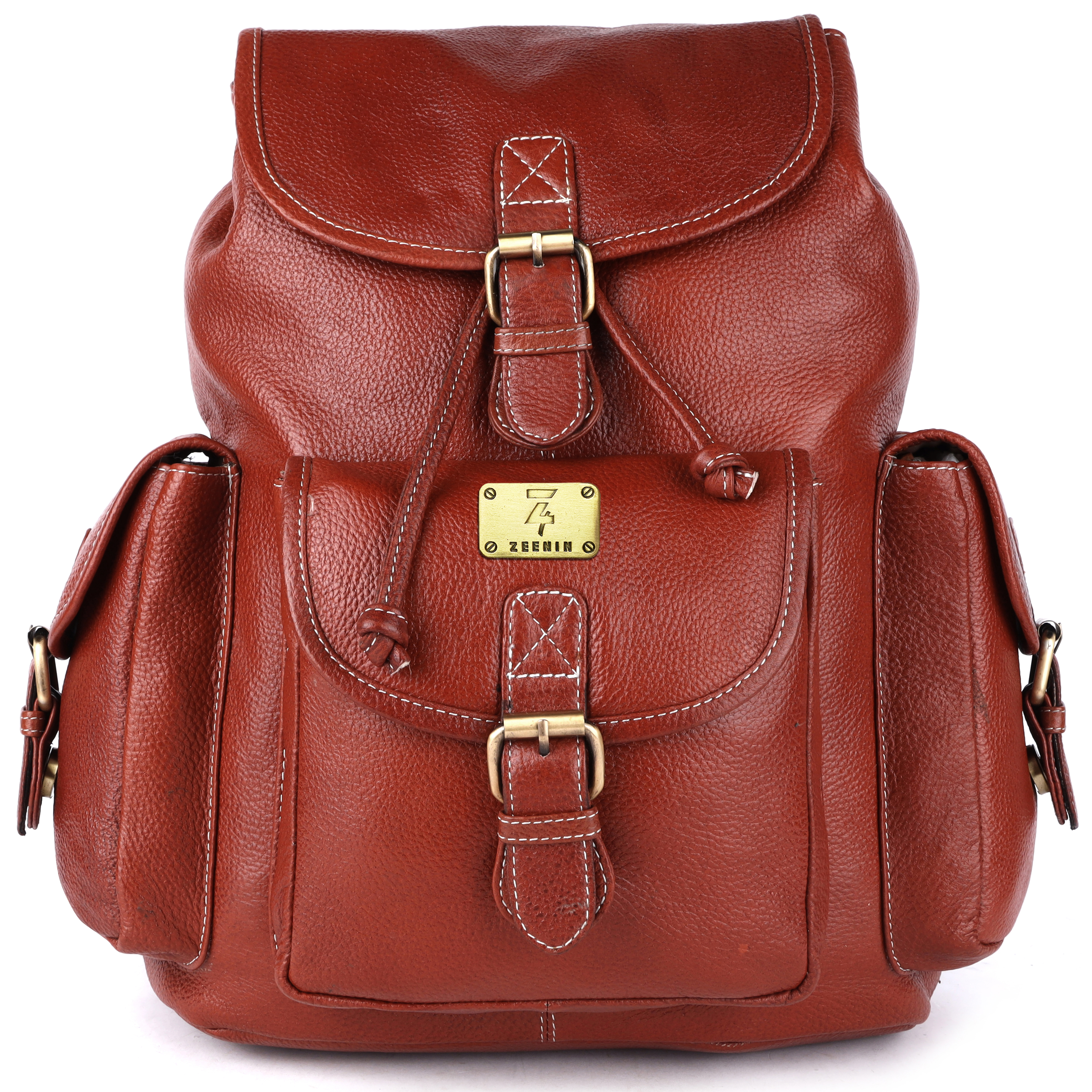 Zeenin Pure Genuine Leather Spacious 14.5 inch Backpack Daypack Rucksack Casual Office Bag |Travel Business Daily Use| Brass Buckles Flip Pockets | Tan