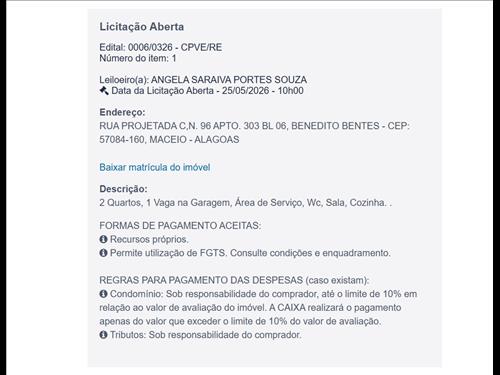RUA PROJETADA C N. 96 Apto. 303, BL 06, BENEDITO BENTES, MACEIO - AL.