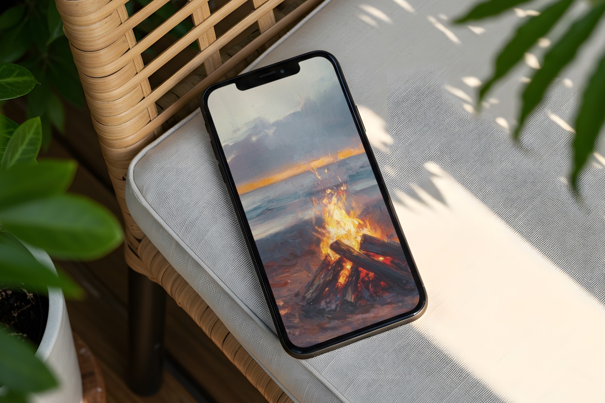 Twilight Beach Bonfire coastal iPhone wallpaper with serene blue and ember tones