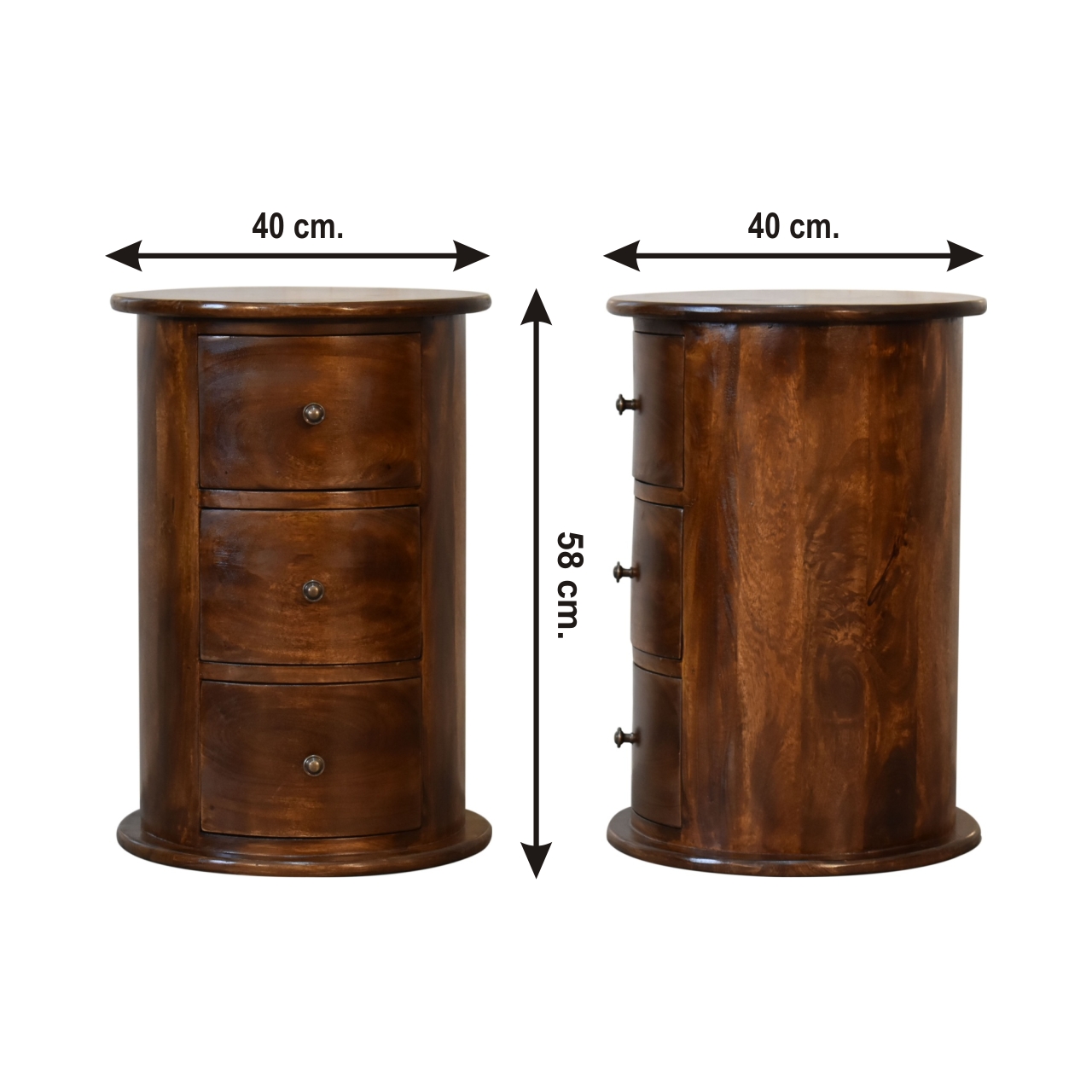 Size chart for Chestnut 3 Drawer Drum Chest Made from Solid Mango Wood
