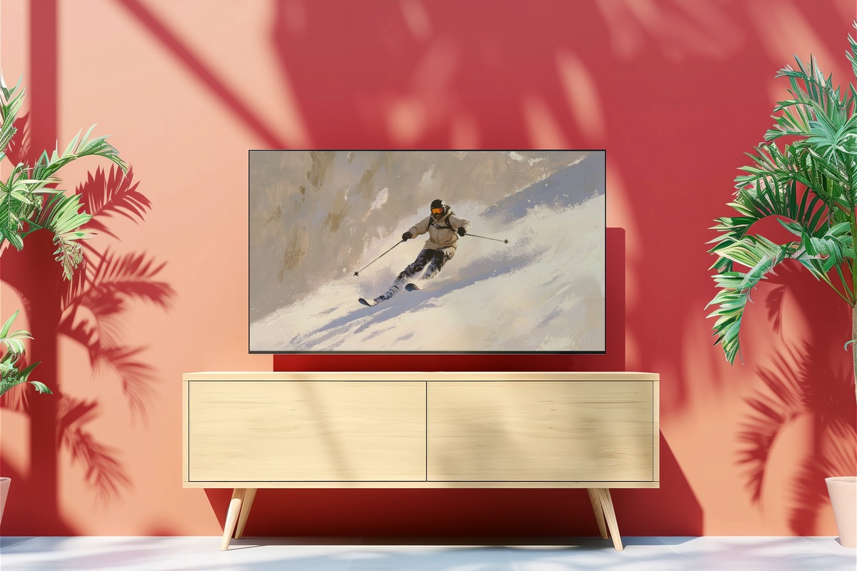 Graceful Descent Frame TV Art - skier in motion on snowy slope