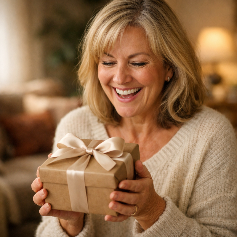 Femme recevant une boîte cadeau emballée avec ruban dans un salon chaleureux, idée de cadeau pour album photo Femme recevant une boîte cadeau emballée avec ruban dans un salon chaleureux, idée de cadeau pour album photo