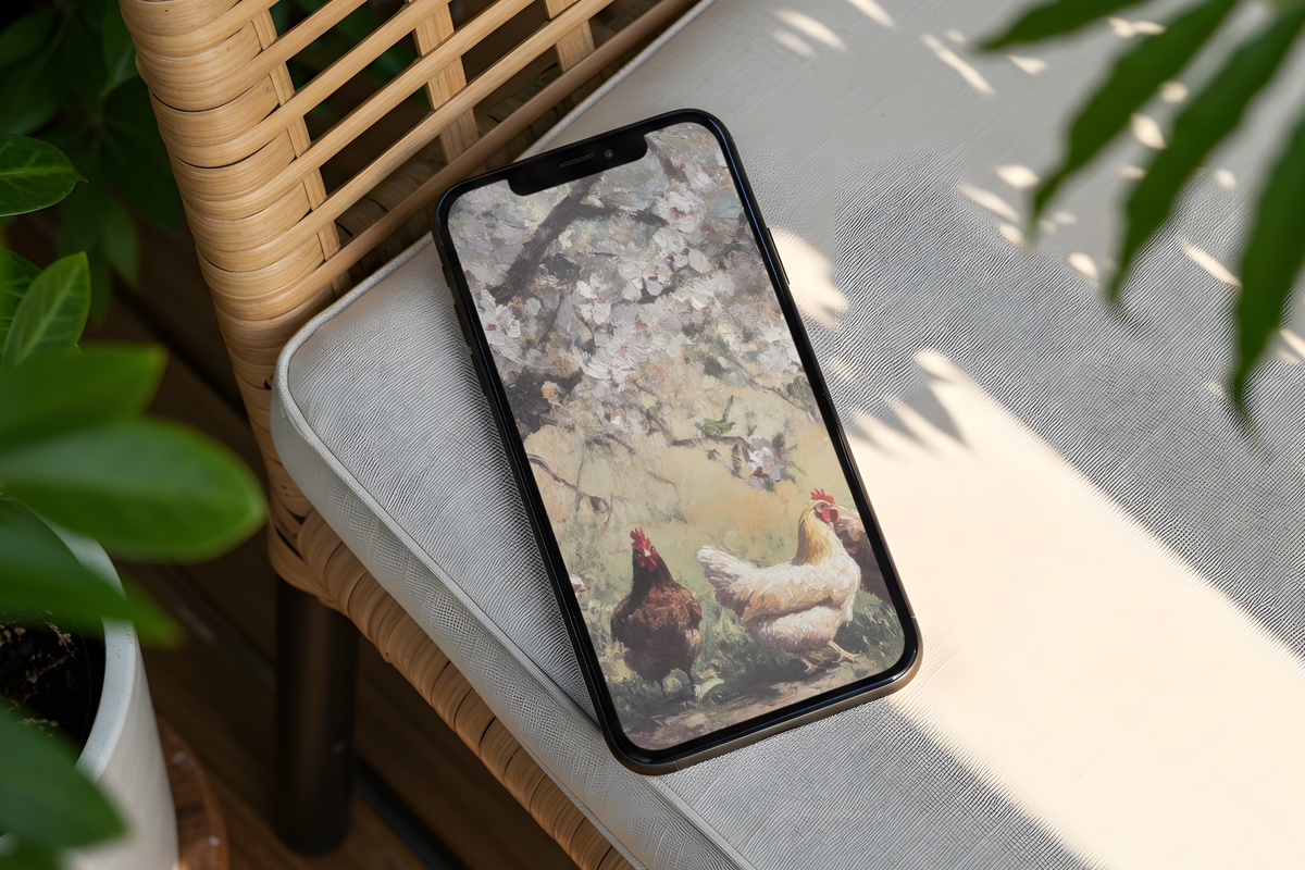 Blossom-Watching Chickens farmhouse iPhone wallpaper with soft spring palette
