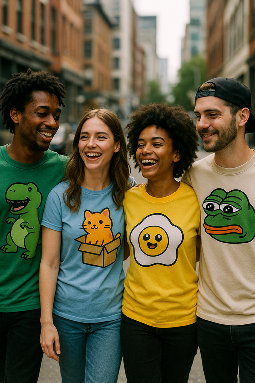 Diverse group wearing stylish funny graphic T-shirts in urban setting