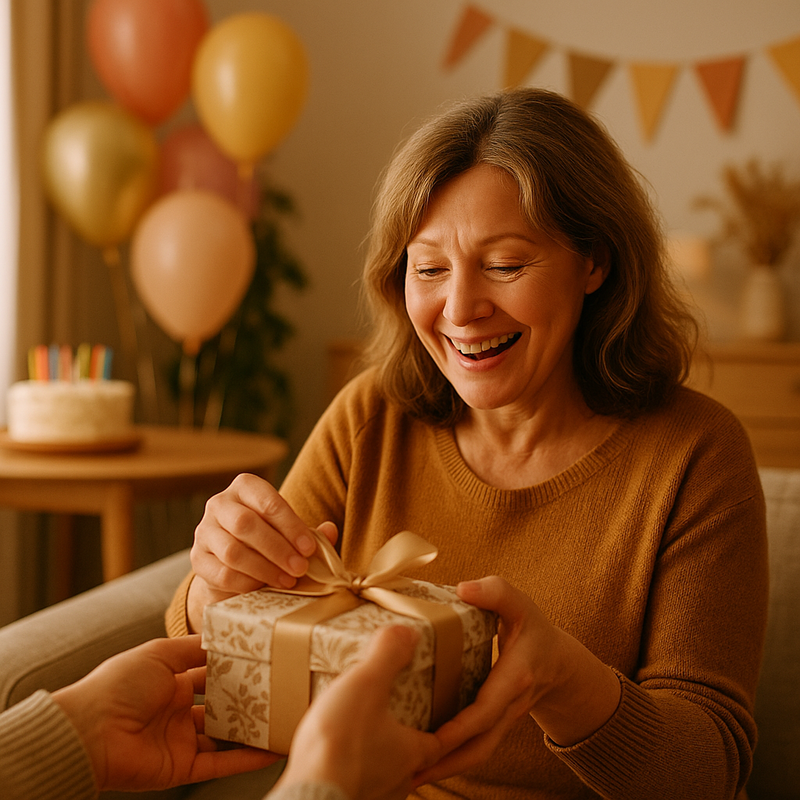 Mujer adulta abriendo un regalo de cumpleaños en una sala decorada con globos y tarta Mujer adulta abriendo un regalo de cumpleaños en una sala decorada con globos y tarta