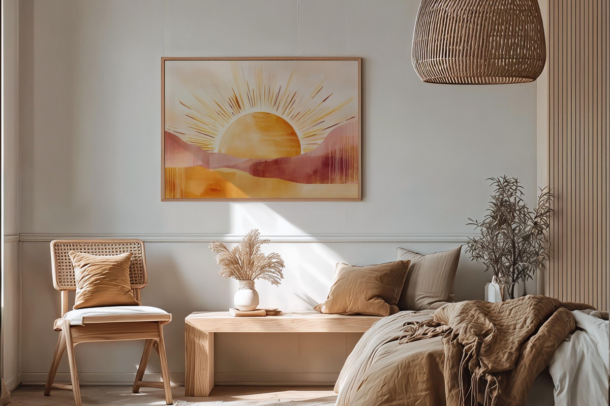 Boho Sunburst Harmony boho printable wall art with eclectic sunburst in warm bohemian tones