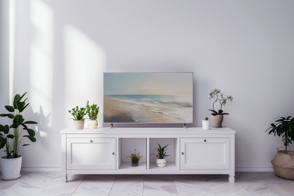 Gentle Waves in Sunlit Caress Frame TV Art with warm sunlit ocean waves in soft blues and golds