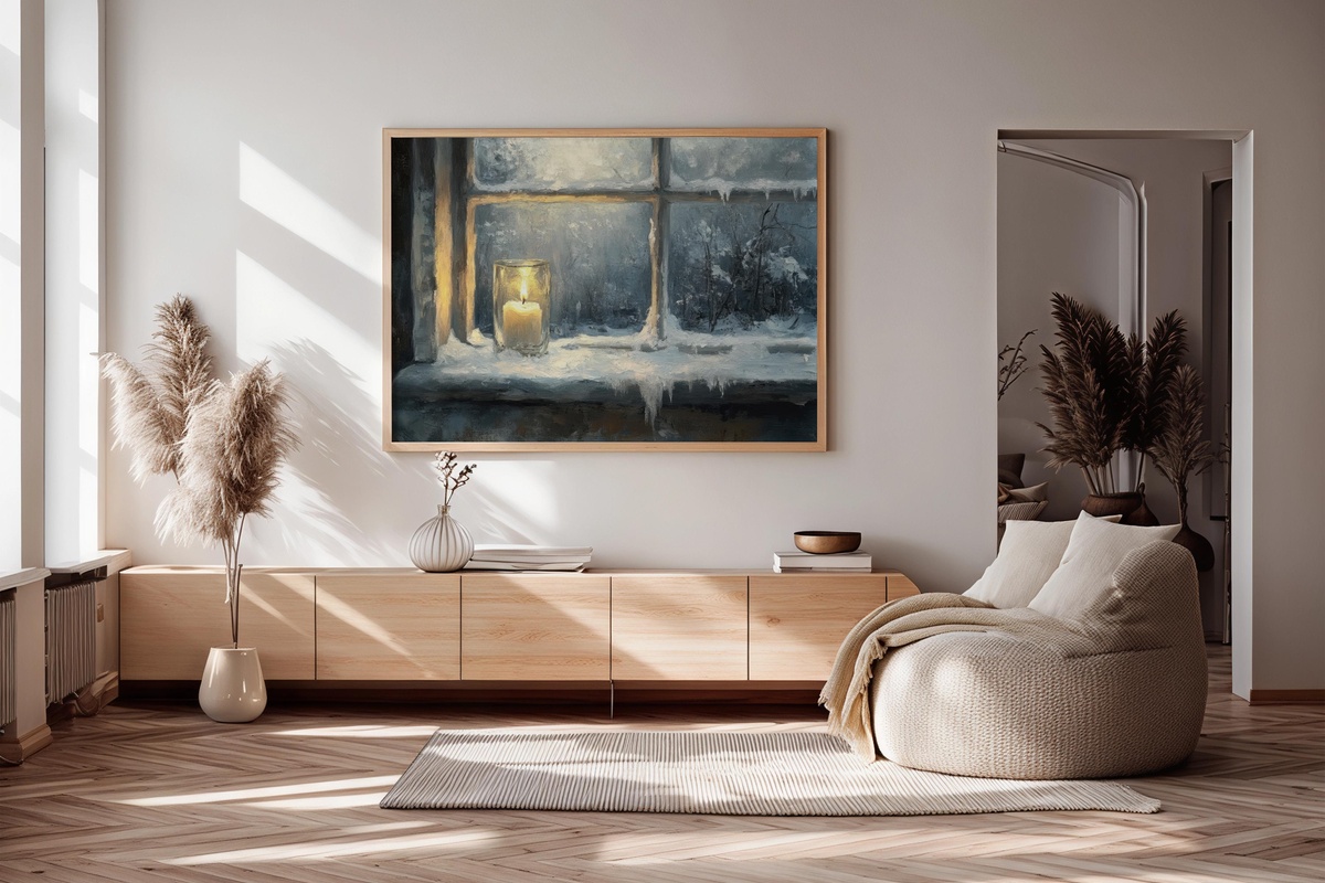 Cozy Winter Evenings Glow winter printable wall art with candlelit window in soft winter tones