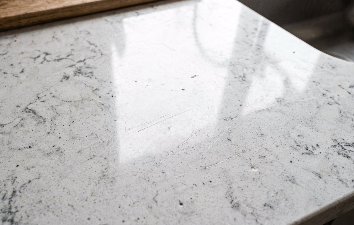 Scratched quartz countertop before repair