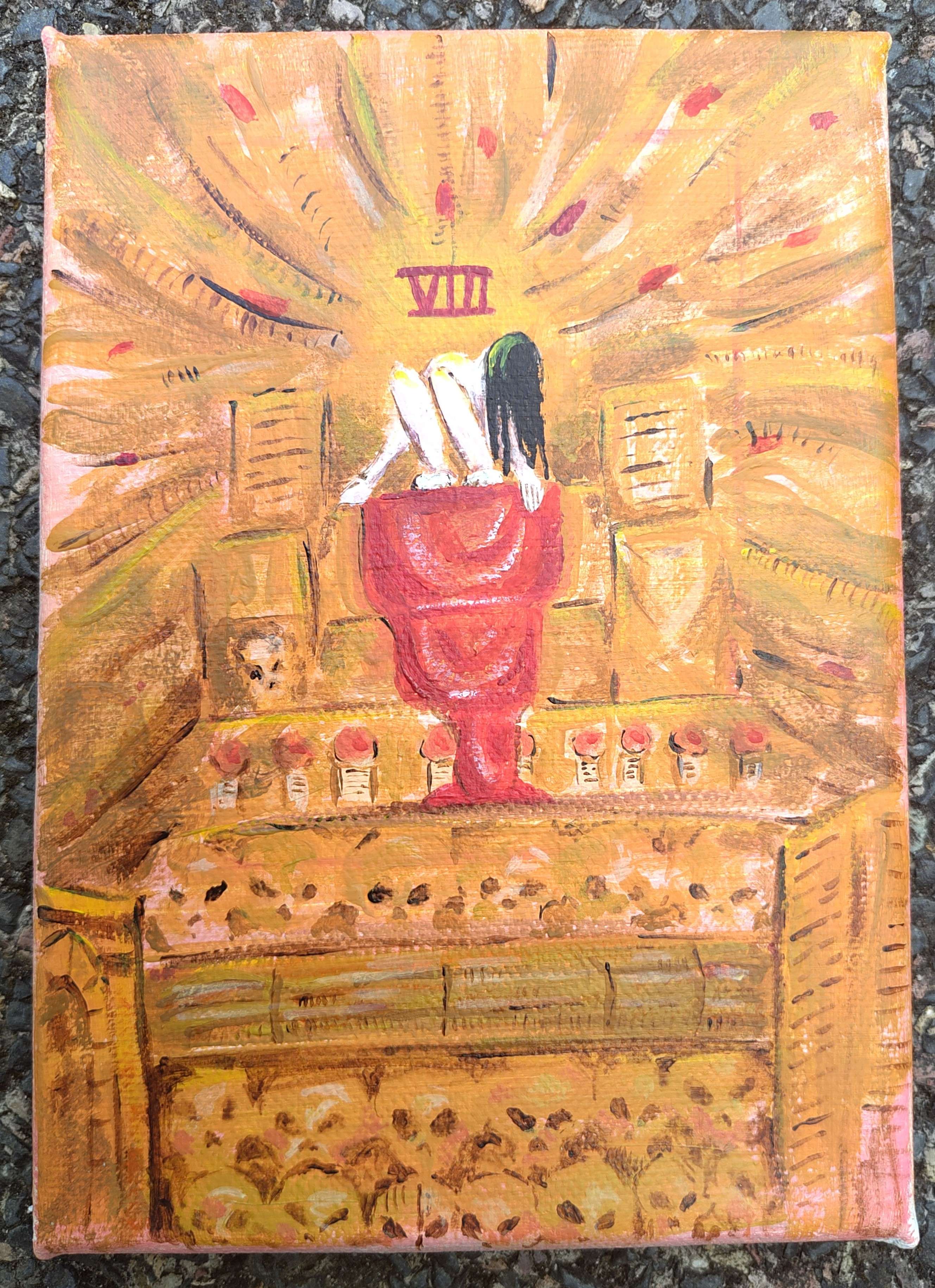 An acrylic painting of the Night Haunter sitting limply on the Golden Throne. His knees are drawn up and his face is obscured by hair