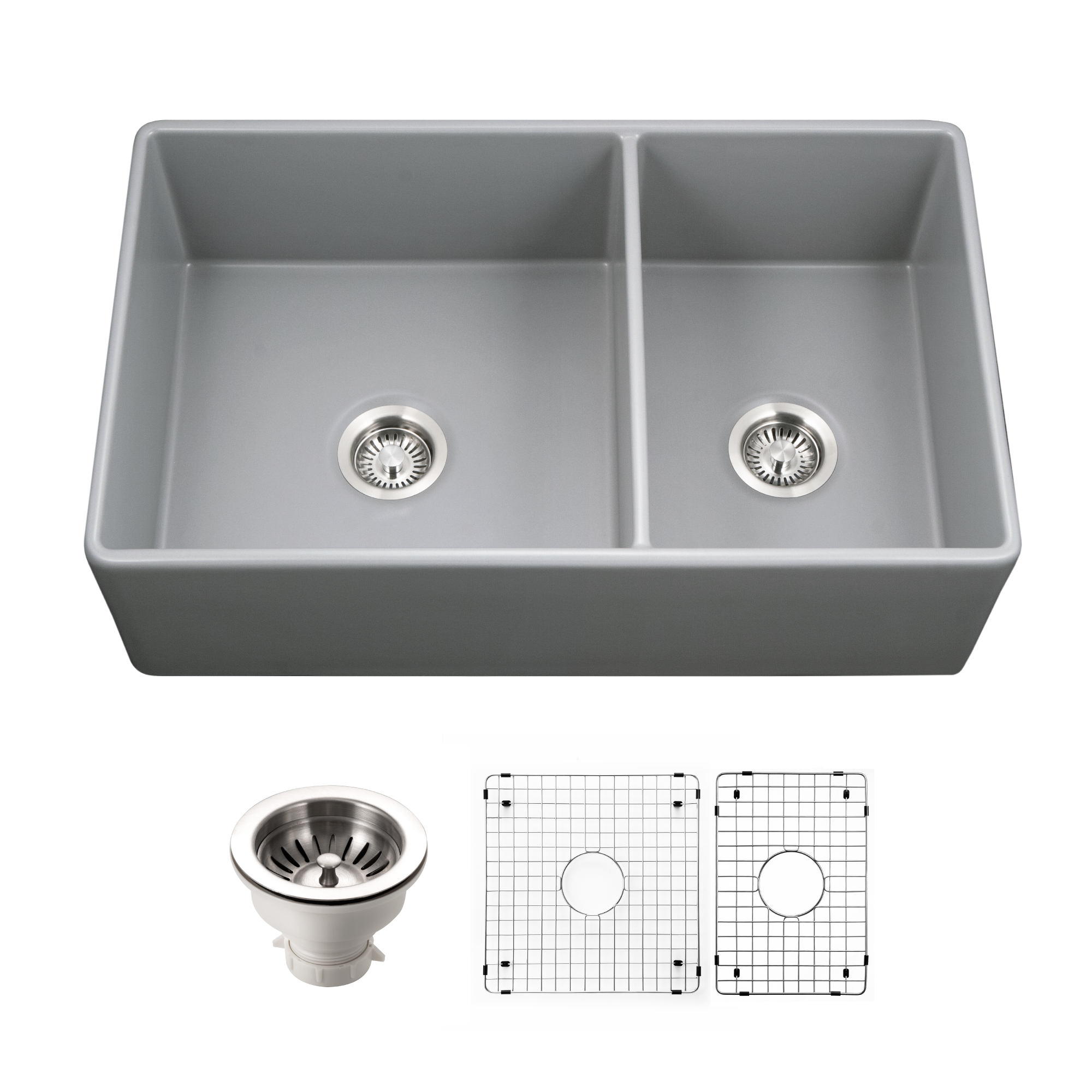 Houzer Platus 33" Fireclay Farmhouse Sink, 60/40 Double Bowl, Gray, PTD-6040 GR