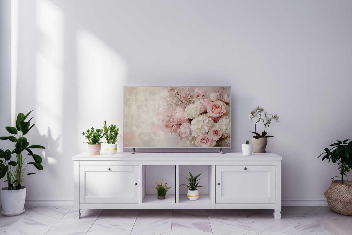 Blush-Toned Centerpiece Whimsy Floral Frame TV Art