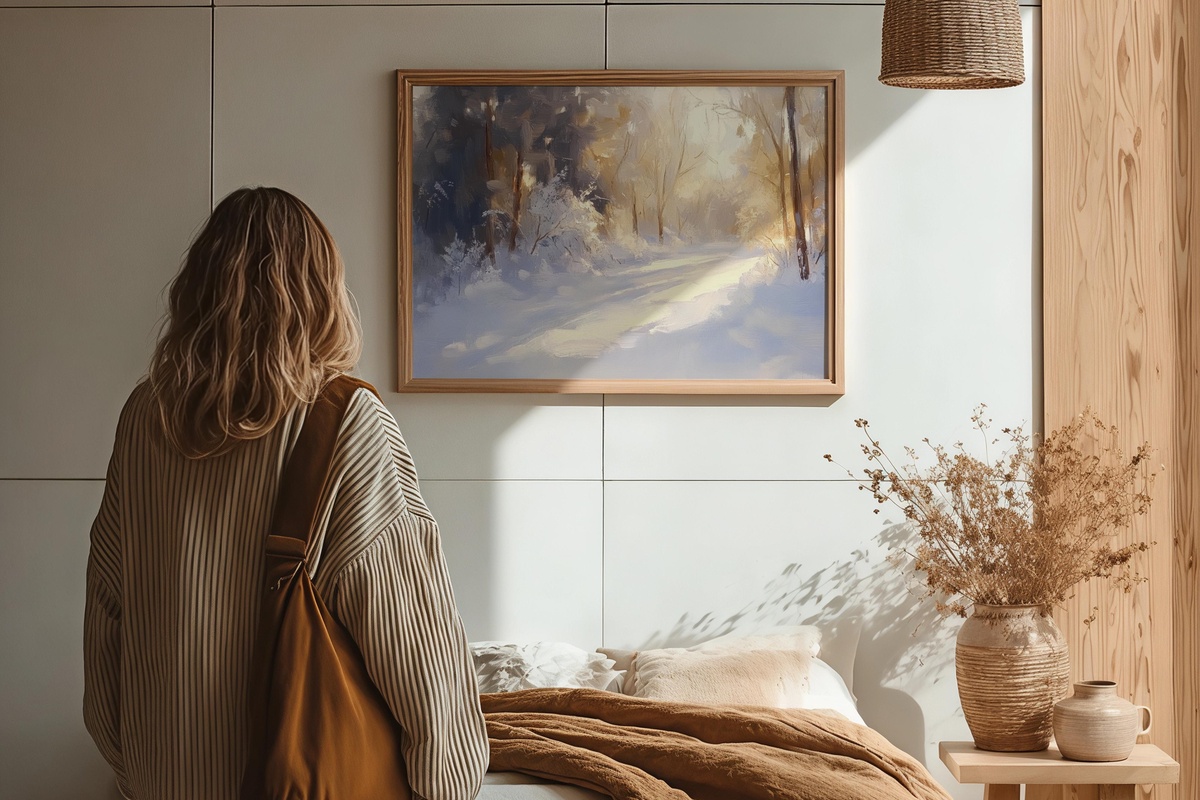 Winter's Golden Embrace printable wall art — golden winter light in warm amber and honey