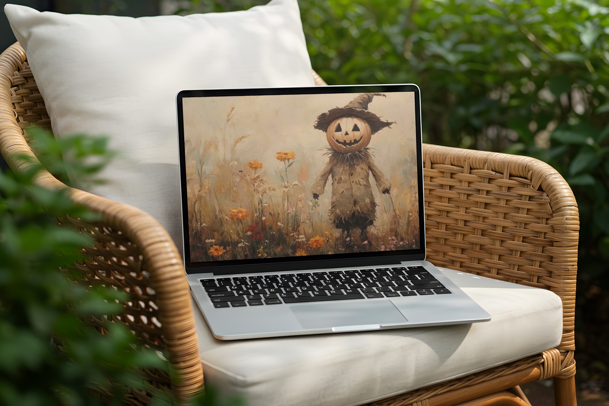 Scarecrow Amid Wildflower Whimsy Halloween Desktop Wallpaper
