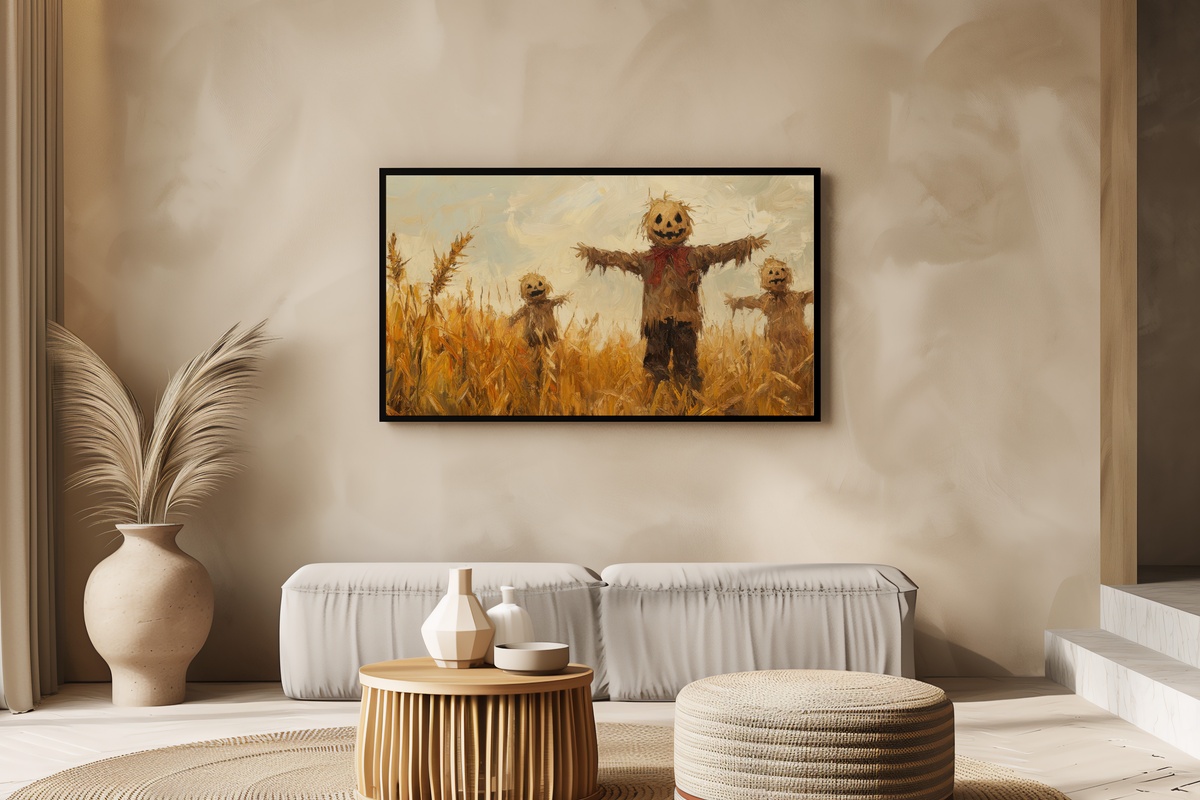 Cornfield Scarecrow Guardians Halloween Frame TV Art — scarecrows in an autumn cornfield