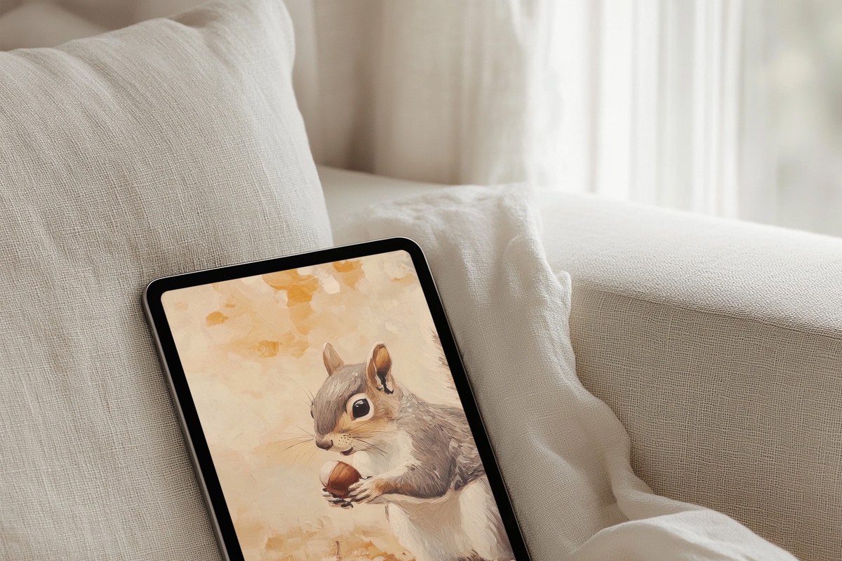Acorn Gathering Squirrel iPad Wallpaper in rich amber autumn hues