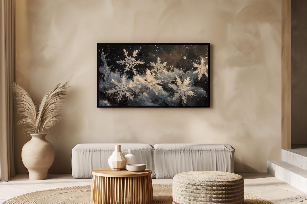 Crystalline Whispers of Frost Frame TV Art — macro snowflake detail
