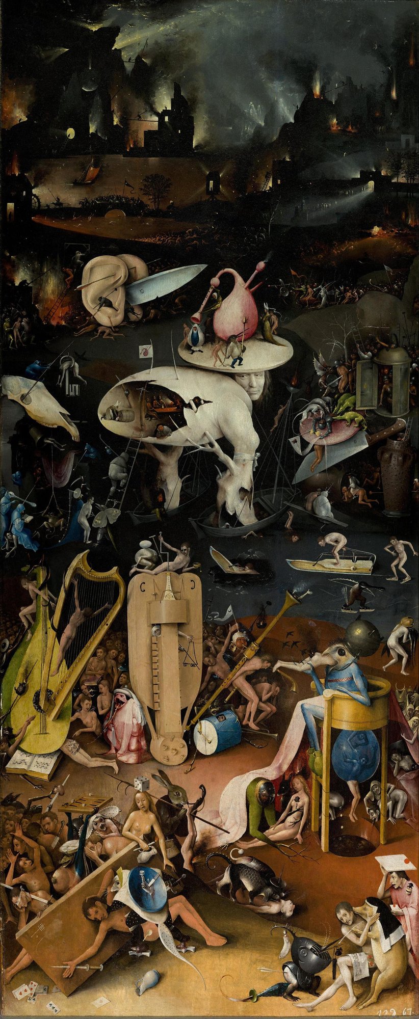 Garden of Earthly Delights, right panel: Hell. The Tree-Man at centre is the most identified figure in the painting, often interpreted as a self-portrait of Bosch.